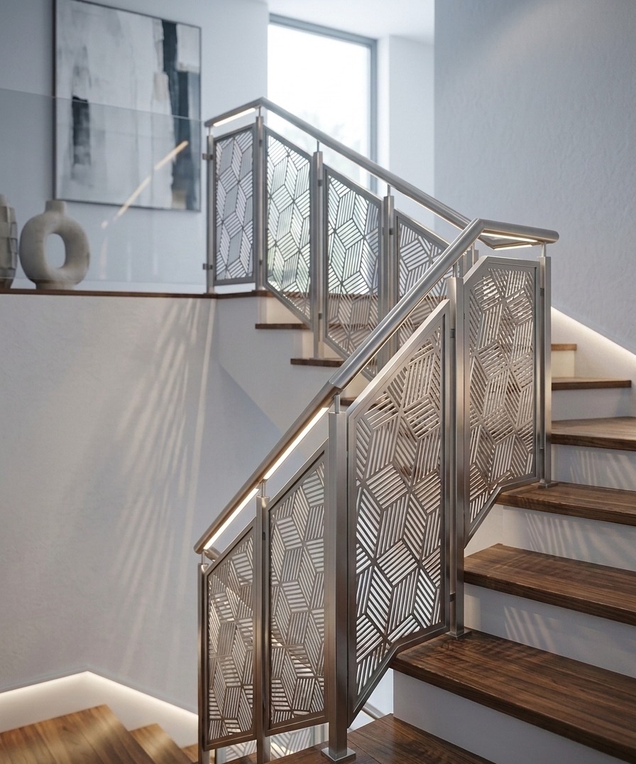Baranda de escalera interior con panel decorativo