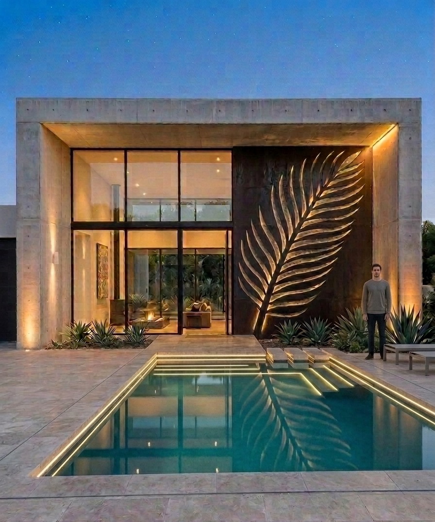 Muro decorativo exterior con panel retroiluminado